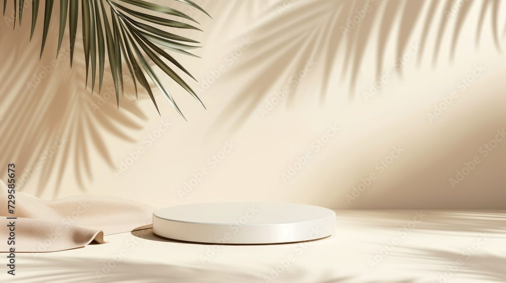 Podium pedestal with soft shadow from palm leaves, silky cloth on beige background for product presentation or showcase empty mockup Podium pedestal with soft shadow from palm leaves, silky cloth on beige background for product presentation or showcase empty mockup