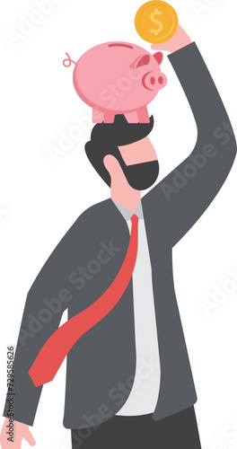 Pay yourself first, invest in yourself, take money for personal savings before pay for debt or buy and spending concept, smart young adult man putting money dollar coins into a piggy bank on his head.