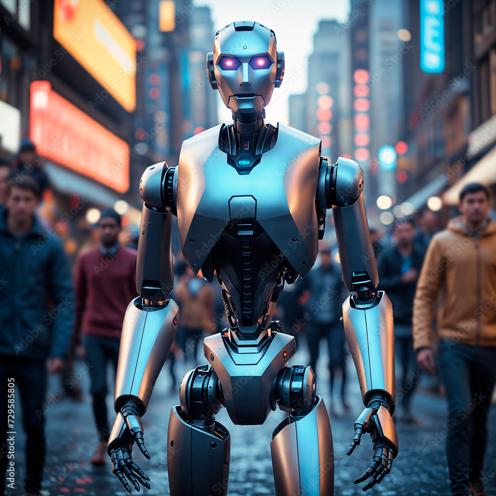 A humanoid robot with glowing blue eyes stands in a crowded city street A humanoid robot with glowing blue eyes stands in a crowded city street