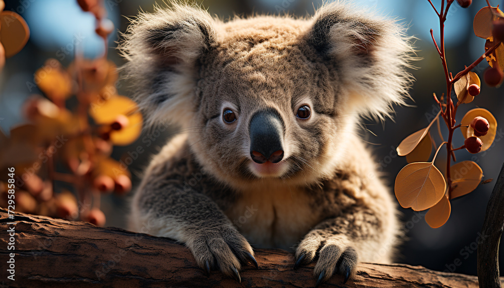 Naklejka premium Cute koala sitting on branch, looking at camera, fluffy fur generated by AI