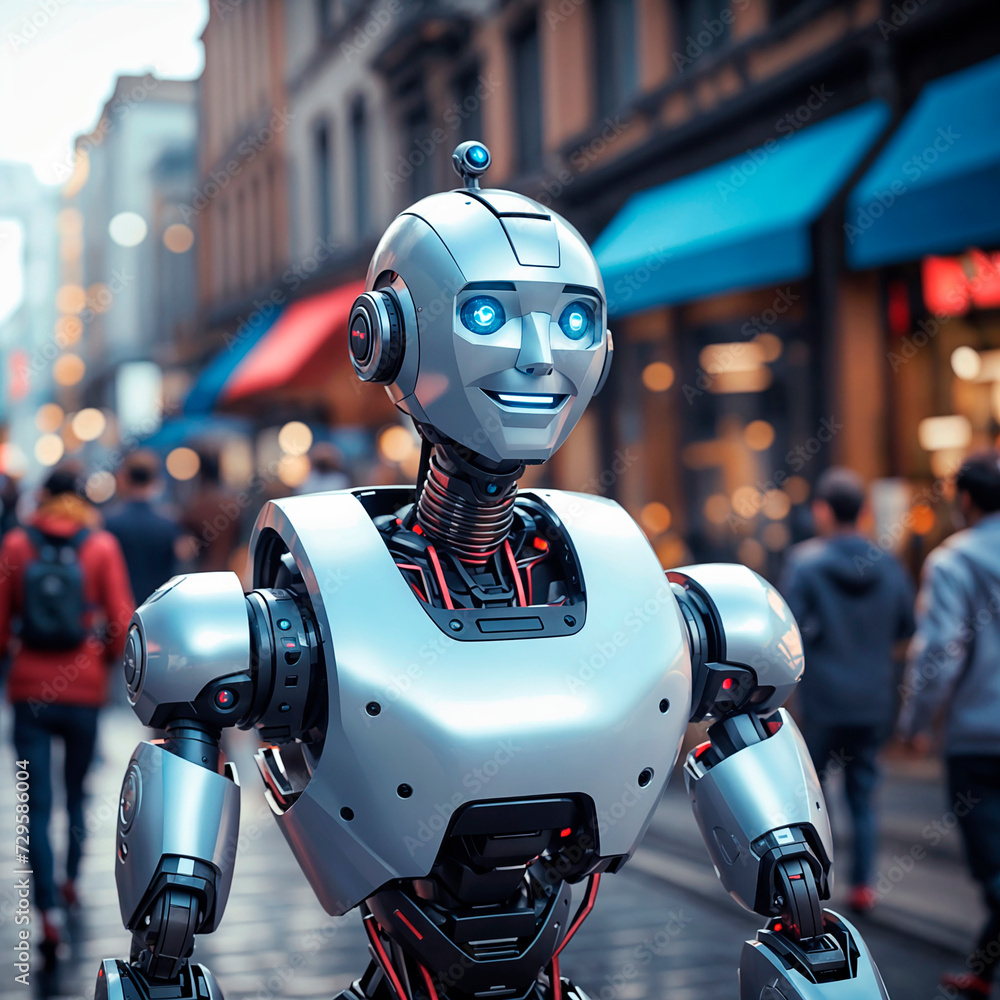 A humanoid robot with glowing blue eyes stands in a crowded city street A humanoid robot with glowing blue eyes stands in a crowded city street