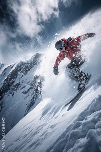 Flying snowboarder on mountains. Extreme winter sport. 3d rendering