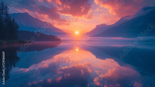 A breathtaking sunrise over the serene waters of a tranquil mountain lake © yganko