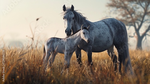 Energetic gray foal prancing around its mother, displaying the bond between parent and offspring.
