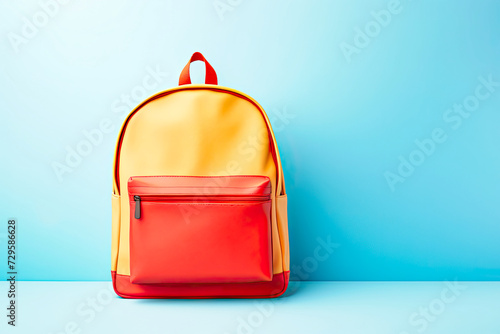 Colorful school backpack on solid light blue background