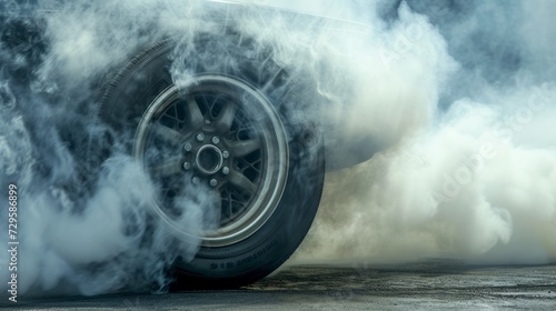 Car burnout wheels tire with white smoke, Blurred image diffusion race drift car with lots of smoke from burning tires on speed track. Generative Ai photo
