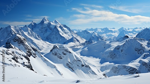 A panoramic view of snow-capped mountain ranges, stretching as far as the eye can see, with the pristine white snow contrasting against the deep blue sky