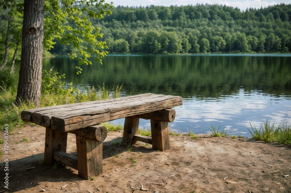 A wooden bench sits on the shore of a lake, surrounded by trees.