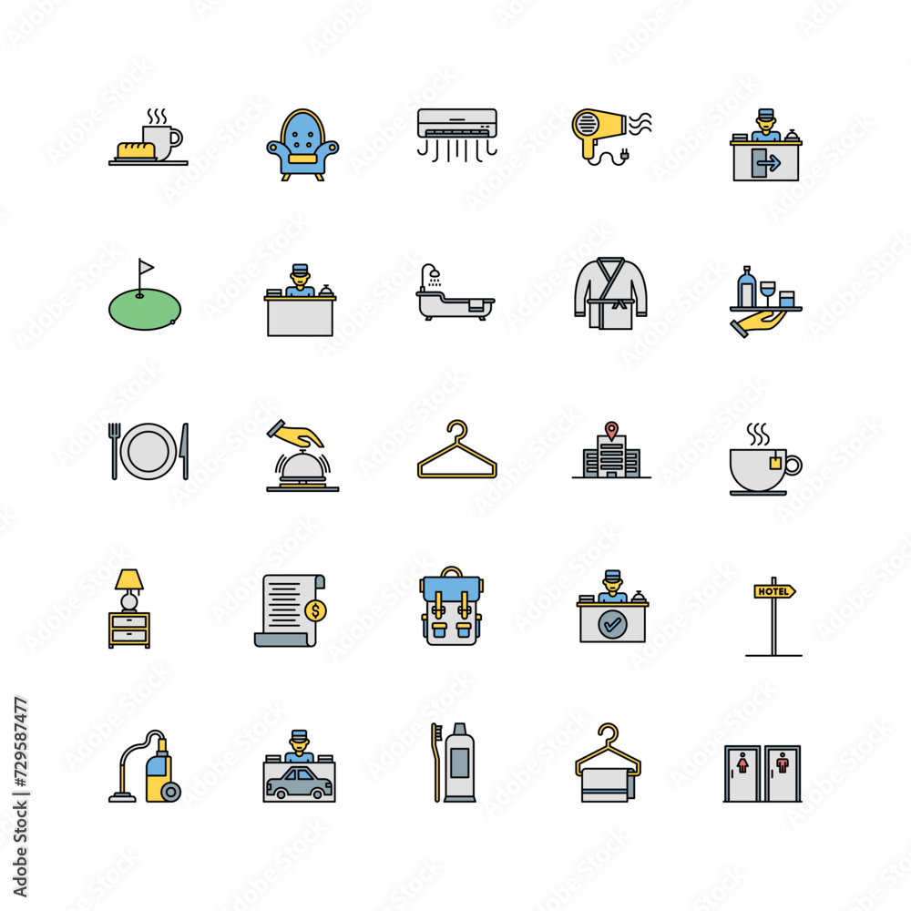 hotel icon set. filled color icon collection. Containing icons hotel icon set. filled color icon collection. Containing icons