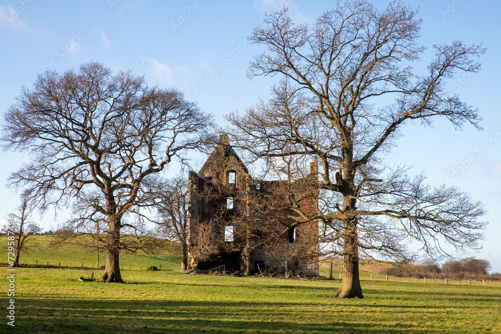 Naklejka premium Gilbertfield Castle is a ruined 17th-century castle in South Lanarkshire, Scotland. UK. It is located on the north slope of Dechmont Hill, just outside Cambuslang, to the south-east of Glasgow. 