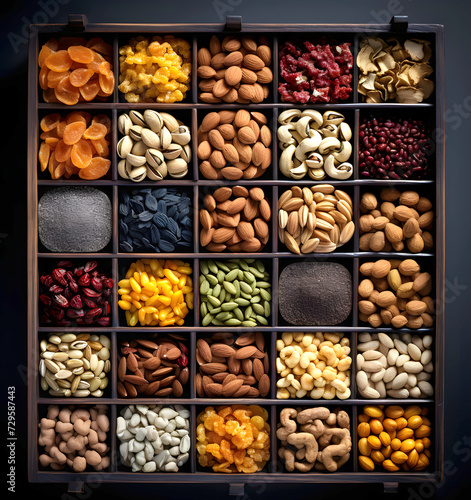 large assortment of different types of nuts in wooden boxes for the supermarket. vegan food. natural vitamins. top view