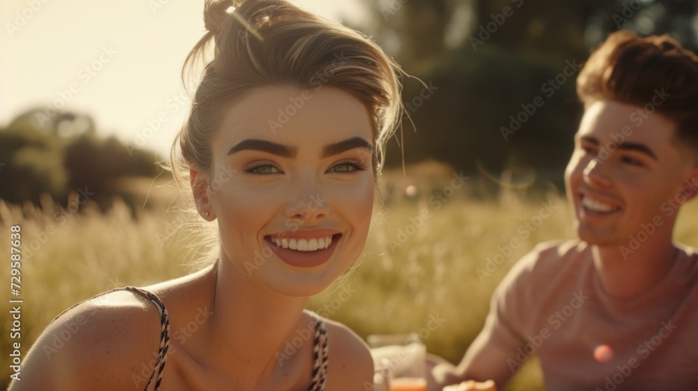 Young happy couple having picnic in the field at sunset. Close-up portrait