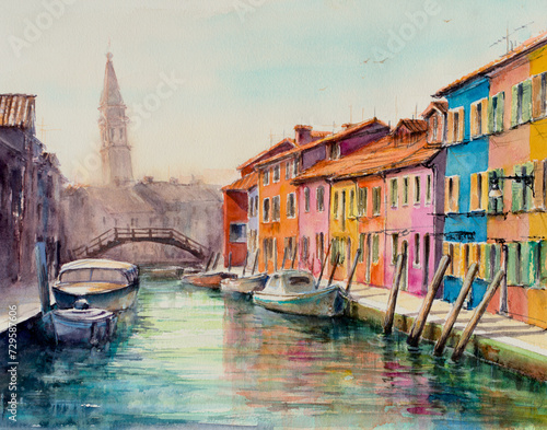 Colorful houses, canal and leaning church tower on Burano, island in the Venetian Lagoon. Italy watercolors painted.