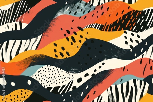 Seamless background with abstract shapes and organic patterns, bold colors, dynamic lines and asymmetric designs.