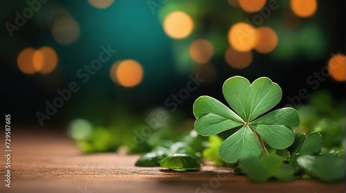 clover leaf on wooden table against golden bokeh background, space for text, st patrick's day celebration concept