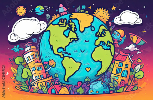 Planet Earth illustration, cartoon, water planet earth, living planet. Save the Planet Concept. Happy Earth Day.