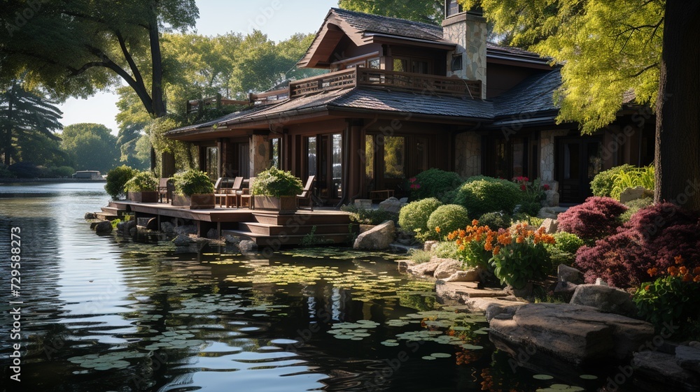 A peaceful lakeside retreat surrounded by lush greenery and blossoming trees, providing a perfect backdrop for relaxation and contemplation in the heart of spring