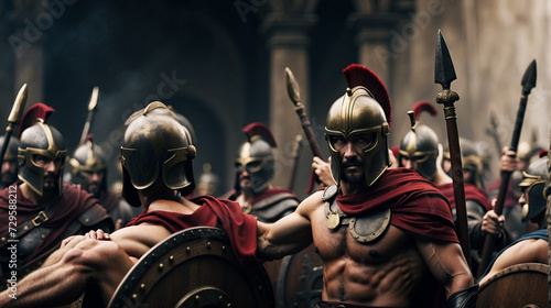 Spartan warriors in ornate armor and helmet photo