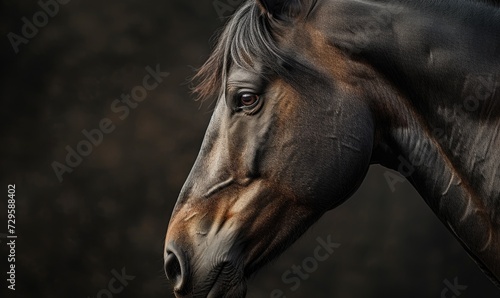 Portrait of a bay horse on a black background  close-up