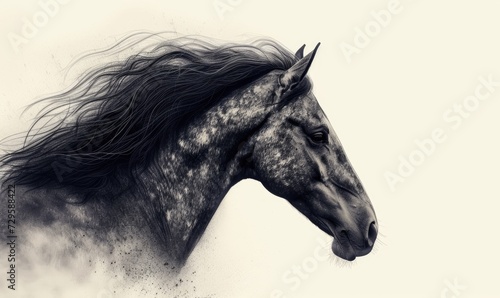 Portrait of a black horse on a grunge background. 