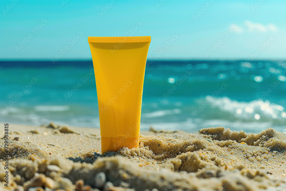 empty yellow plastic tube for sunscreen lotion on the beach with blue ocean background, empty yellow plastic tube for sunscreen lotion on the beach with blue ocean background,