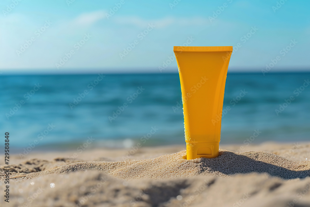 Blank empty yellow plastic tube on the beach with blue ocean background, mockups for sunscreen lotion Blank empty yellow plastic tube on the beach with blue ocean background, mockups for sunscreen lotion