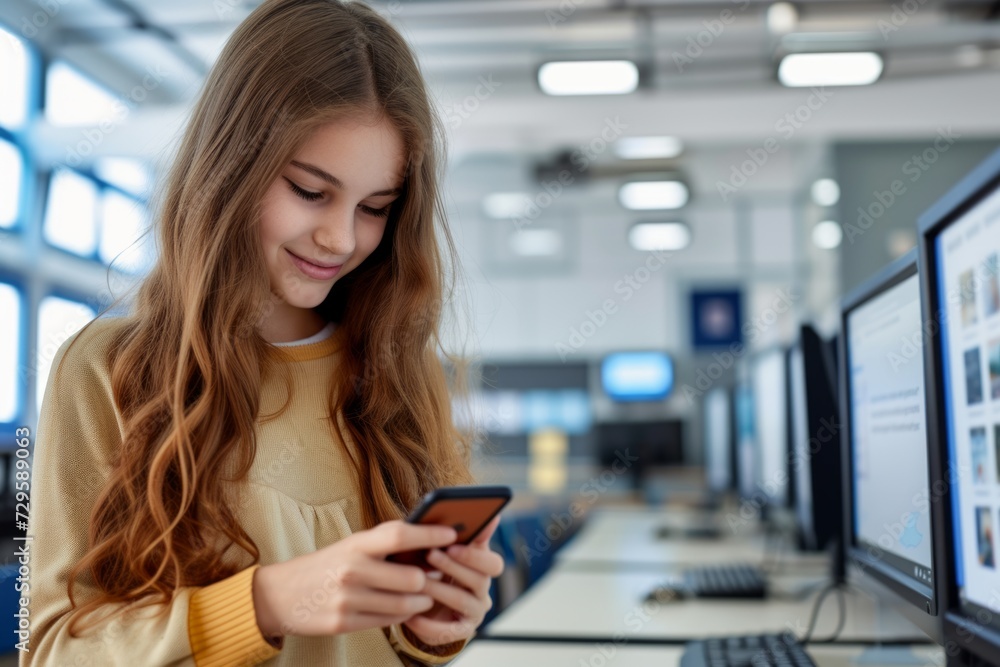 portrait of smiling student girl with mobile phone in classroom at school portrait of smiling student girl with mobile phone in classroom at school