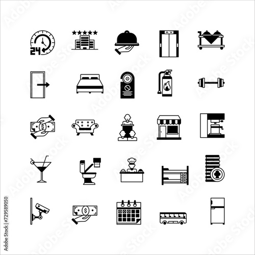 hotel icon set. filled black icon collection. Containing icons