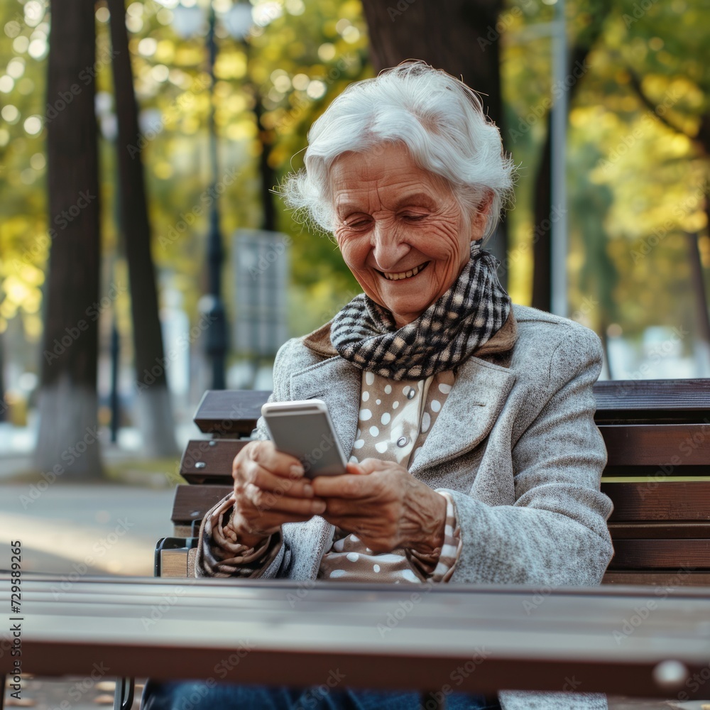 Cheerful senior woman using smartphone while sitting on a bench in the park Cheerful senior woman using smartphone while sitting on a bench in the park