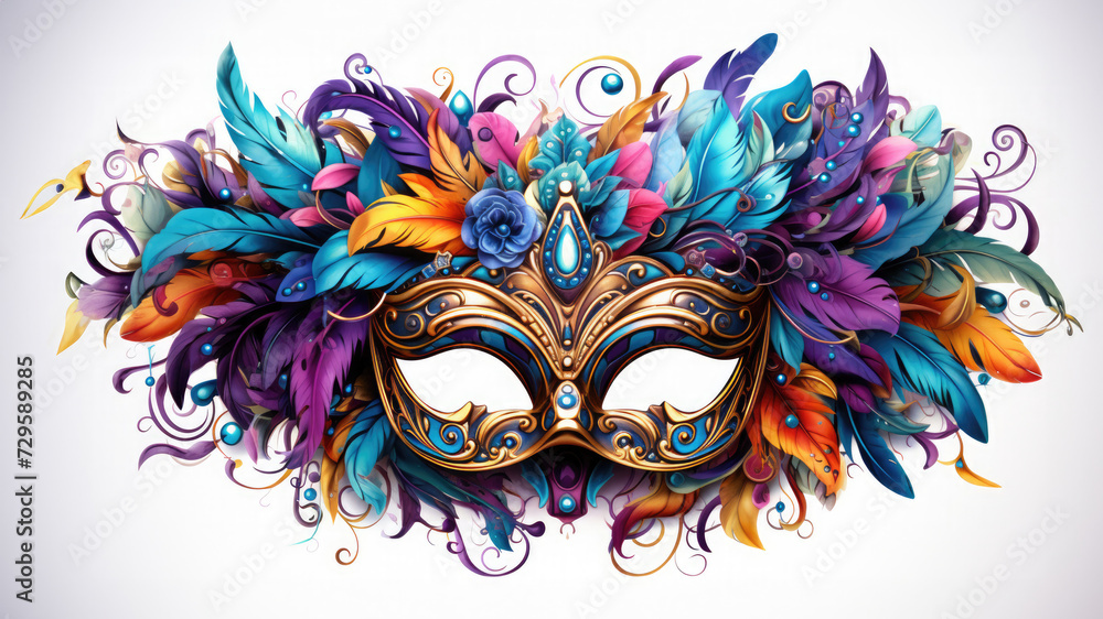 AI generated illustration of a carnival mask adorned with an explosion of colorful feathers