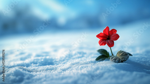red flower blooms alone amidst a snowy landscape, with sunlight creating a shimmering effect on the snow's surface