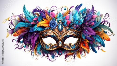 AI generated illustration of a carnival mask adorned with an explosion of colorful feathers © Wirestock