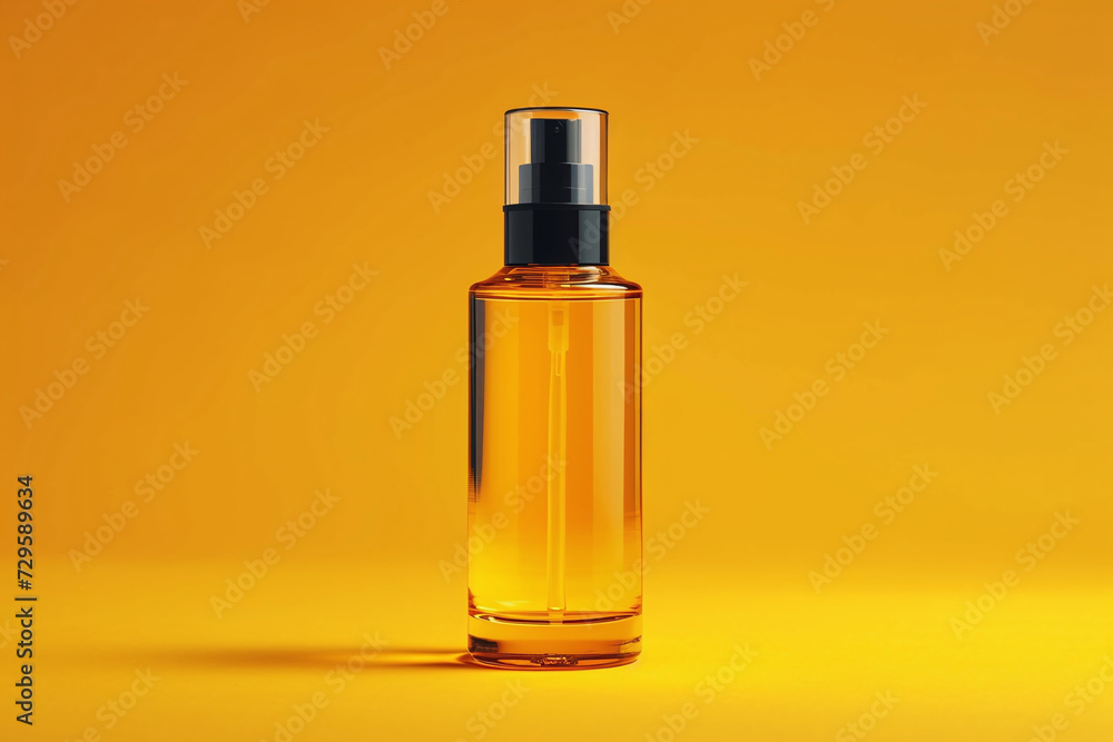 empty spray bottle with space for text on a yellow background, cosmetics.