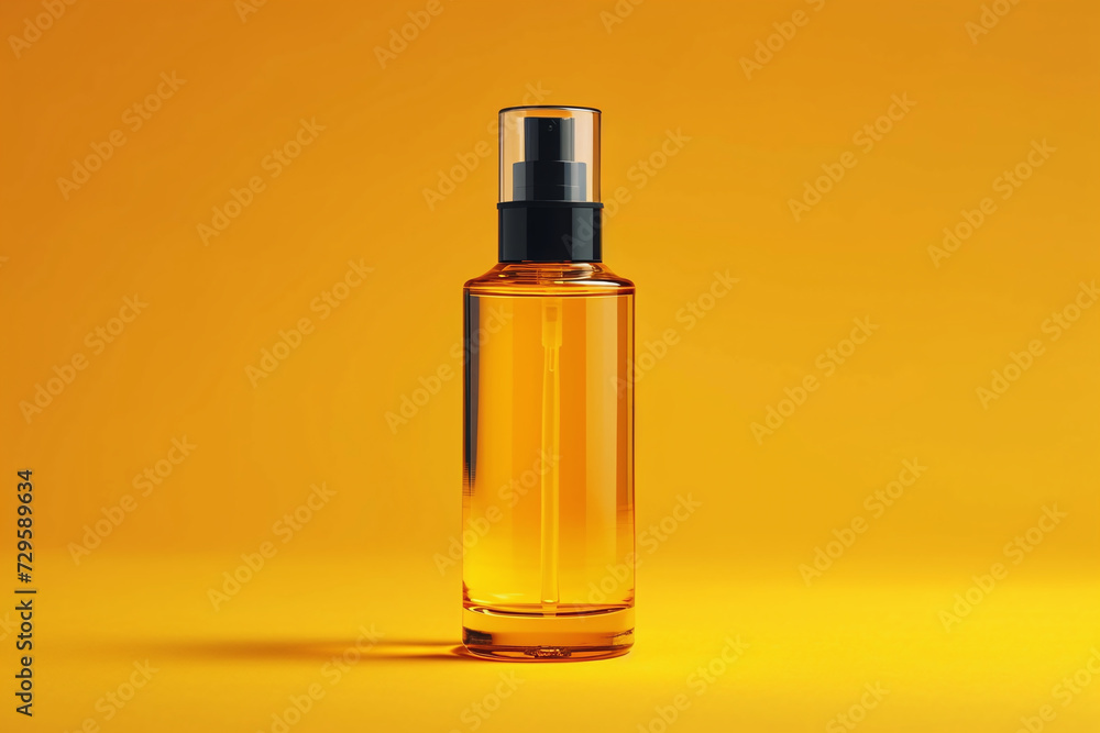 Fototapeta premium empty spray bottle with space for text on a yellow background, cosmetics.