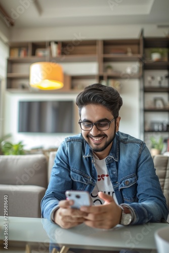 Smiling young man using mobile phone while sitting at the table at home