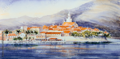 Beautiful view of the historic town of Korcula on a beautiful sunny day with blue sky and clouds in summer, Island of Korcula, Dalmatia, Croatia. Picture created with watercolors.