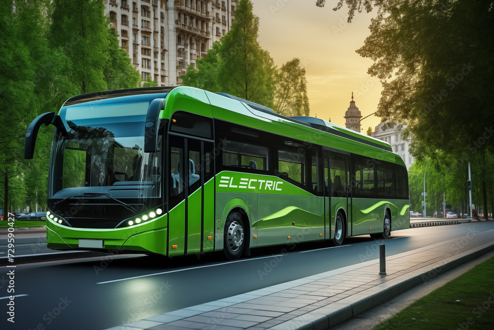 Green electric bus on a city street. Eco-friendly vision of urban transport for a sustainable and clean future