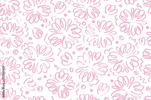 seamless background of abstract pink strokes of lines  flowers and leaves