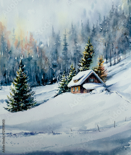 Watercolors original painting of winter mountain landscape and houses covered with snow.