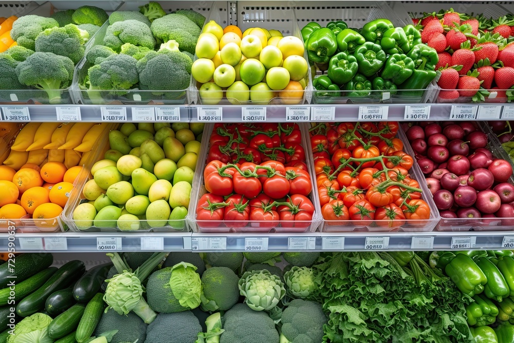 refrigerated shelf in supermarket with Fruits and vegetables refrigerated shelf in supermarket with Fruits and vegetables