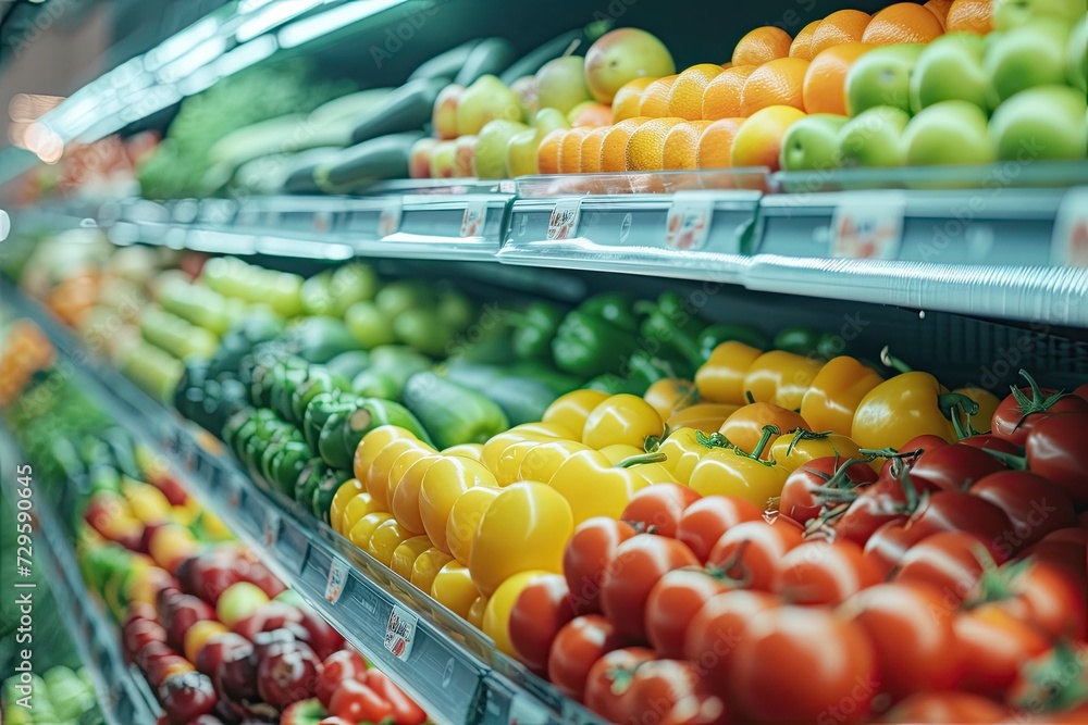 refrigerated shelf in supermarket with Fruits and vegetables