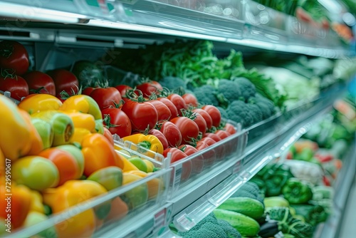 refrigerated shelf in supermarket with Fruits and vegetables photo