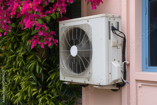 Air conditioning unit compressor on building wall outside, Installing air conditioner for adjusting comfortable temperature in hot summer