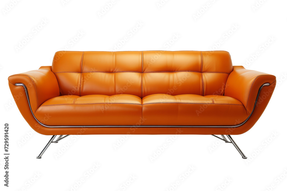 Fototapeta premium Brown leather sofa isolated on transparent background, front view. Modern couch for living room interior. Interior furniture