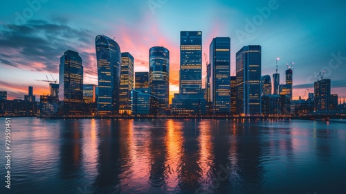 A modern city skyline at dusk, reflecting the urban hub of financial activity © yganko
