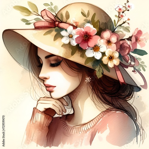 Woman wearing hat with spring flowers. Spring concept, retro vintage look. Watercolor illustration photo