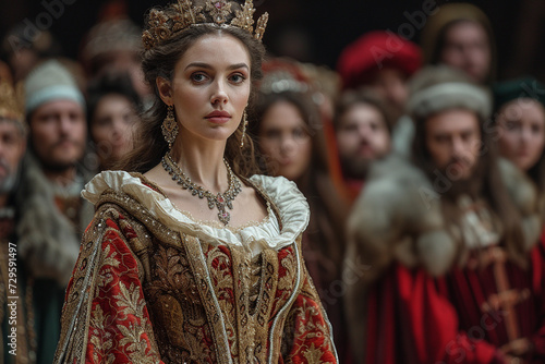 the queen stands before her subjects in the palace, dressed in a fur cape and medieval dress