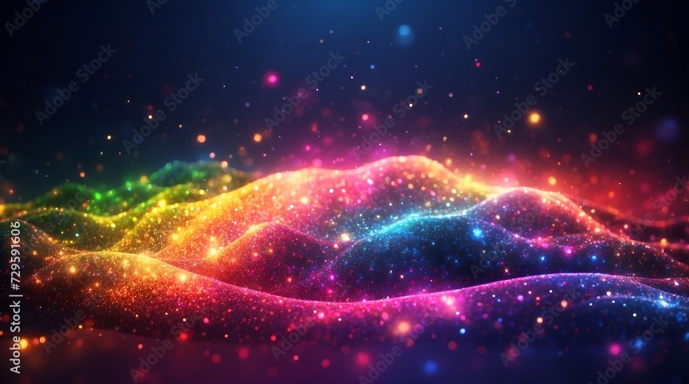 rainbow glow particle bokeh background, abstract glitter wallpaper illustration