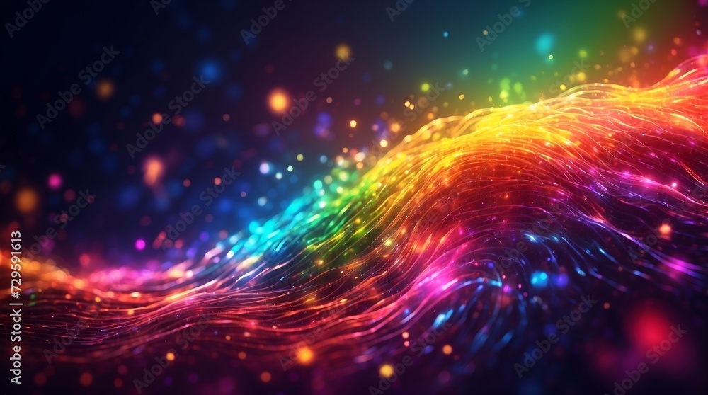wave of vivid, colorful, rainbow particles, sound and music visualization, abstract background, glitter