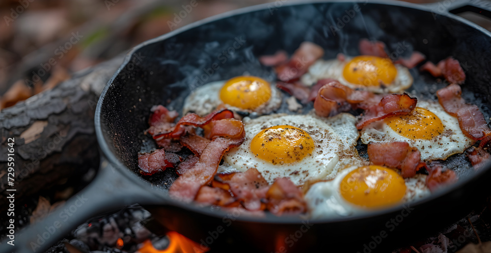 Scrambled eggs with bacon cooked in a camp with organic carbon Scrambled eggs with bacon cooked in a camp with organic carbon